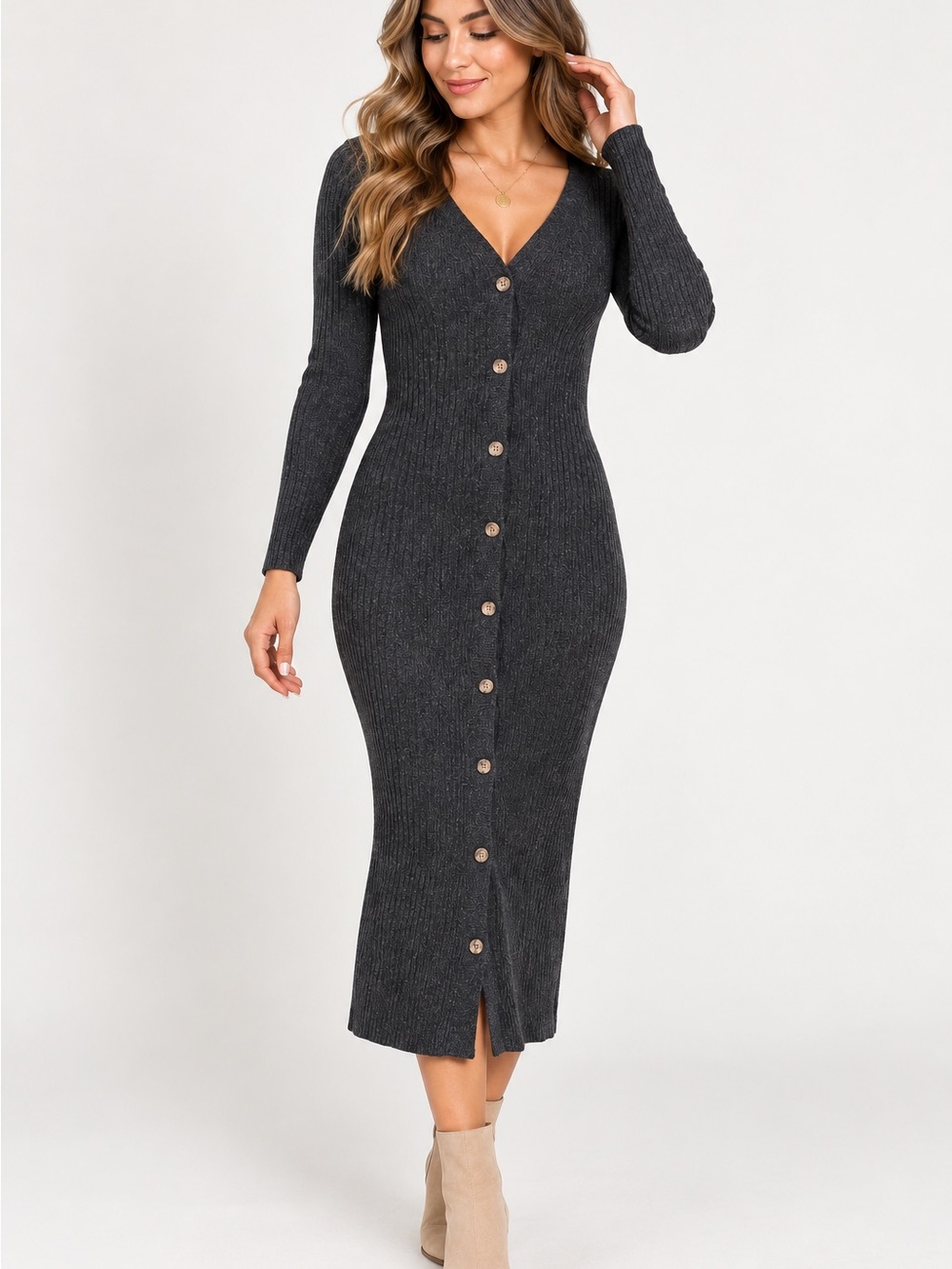 Abercrombie & Fitch Charcoal Button-Front Ribbed Midi Dress